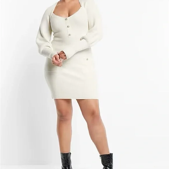 EXPRESS SWEATER DRESS BALLOON  SLEEVES BUTTON DETAIL WINTER WHITE NWT SZ MED - Picture 6 of 6